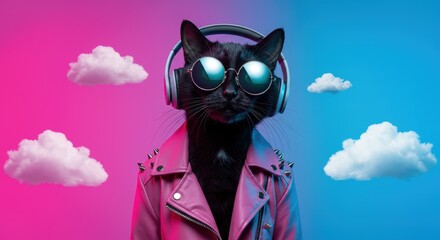 Cool Cat Vibes: Black Cat in Pink Leather Jacket with Headphones