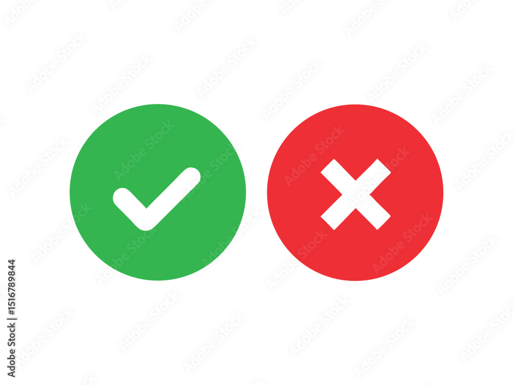 Poster check mark and cross icon set isolated on white background