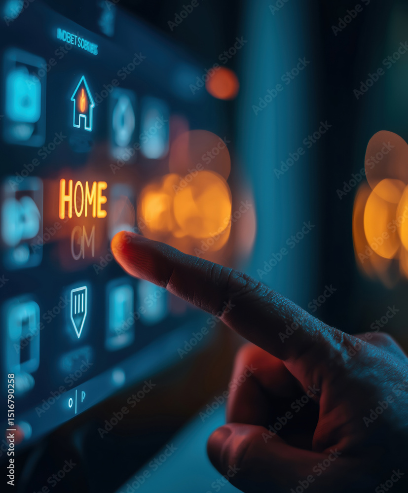 Aufkleber user interacts with smart home interface at night, exploring features and options