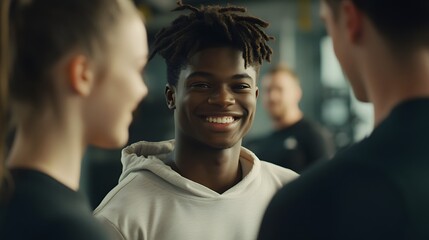 Group of young people chatting in a gym.