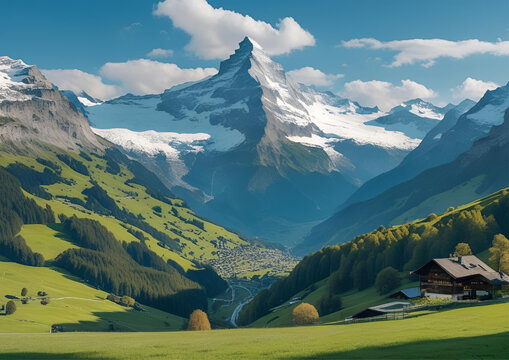 Swiss Alps mountain range with lush forest valleys and meadows, countryside in Switzerland landscape. Snowy mountain tops in the horizon, travel destination wallpaper background