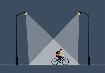 A cyclist rides through a street illuminated by two angled streetlights, creating a dramatic spotlight effect.  Clean, modern illustration. Suitable for urban themes.