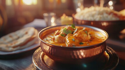 premium Indian butter chicken in copper bowl, creamy orange curry, garnished with coriander, basmati rice side, naan bread, high-end restaurant table setting, soft warm light, photorealistic, 16:9