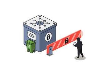 Isometric illustration depicts a security system guarding a waste bin from a shadowy figure attempting access. Modern, digital style. Focus on data protection and security.