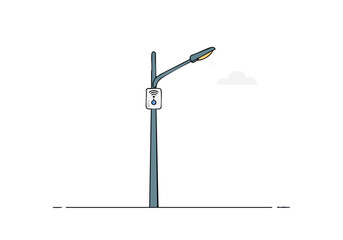 A stylized illustration depicts a smart street light with a wireless sensor, set against a blue sky with fluffy clouds. Modern, clean design. Ideal for technology and urban themes.