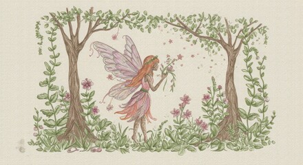 Obraz premium Fairy in a Magical Forest - Digital Embroidery Style Illustration