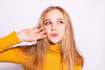 Photo of positive young nice woman in yellow knee-high