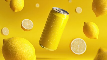 Floating yellow soda can mockup with fresh lemons sliced on a yellow background for beverage commercial