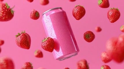 Floating white soda can mockup with fresh strawberries on pink color background for beverage commercial