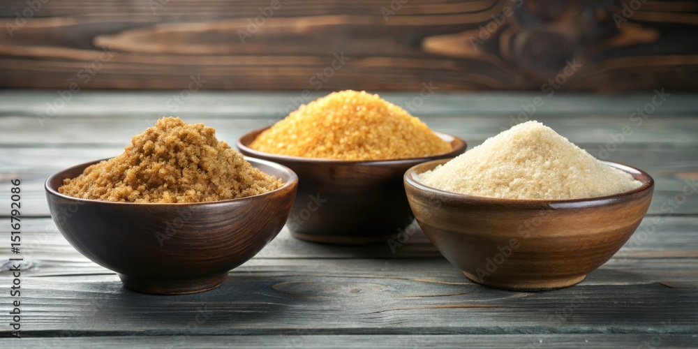 Poster three wooden bowls filled with various types of granulated sugar displayed on a rustic wooden surfac