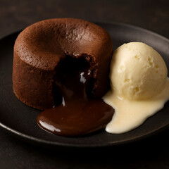 Molten Chocolate Fondant &ndash; Oozing Center with Melting Vanilla Ice Cream (Dessert Stock Photo)