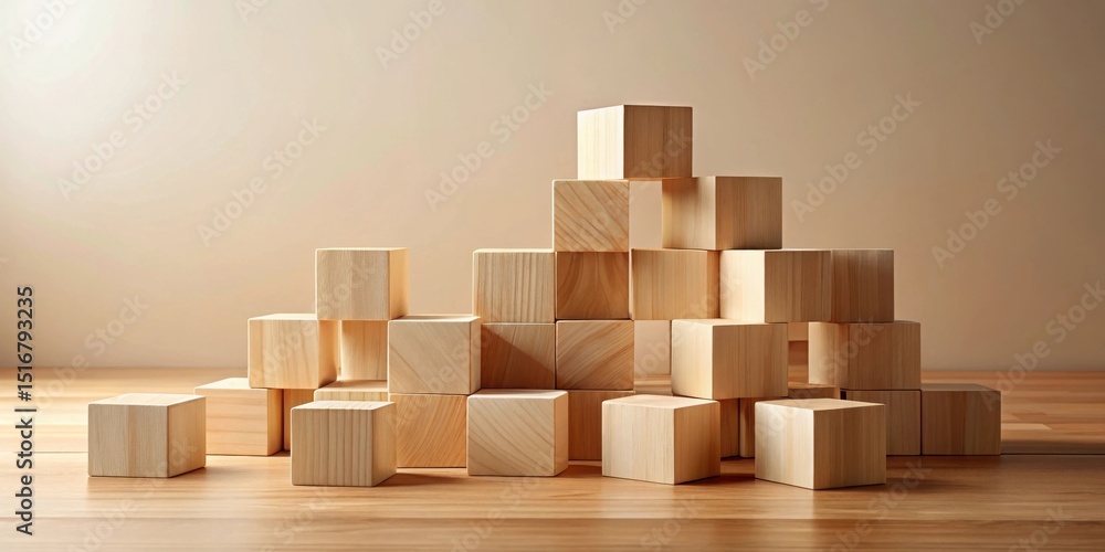 Aufkleber a collection of unfinished light-colored wooden blocks arranged in an abstract formation on a light 