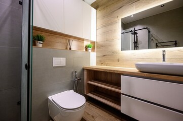 Modern bathroom interior with wood-look walls, white cabinets, a sleek sink, and a toilet. The room...