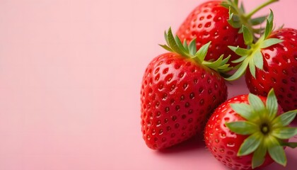 Macro photo of strawberries with green leaves still attached, strong color contrast, isolated on a light pink backdrop