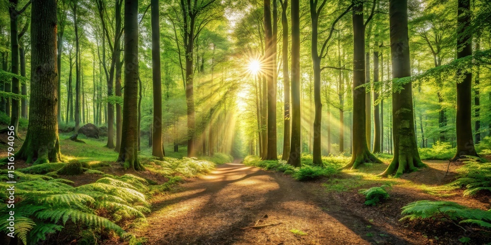Poster Sunlit Path Through a Verdant Forest with Rays of Light Illuminating the Canopy and Ground