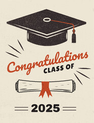 Graduation Cap and Diploma Illustration Congratulations Class of Retro Design