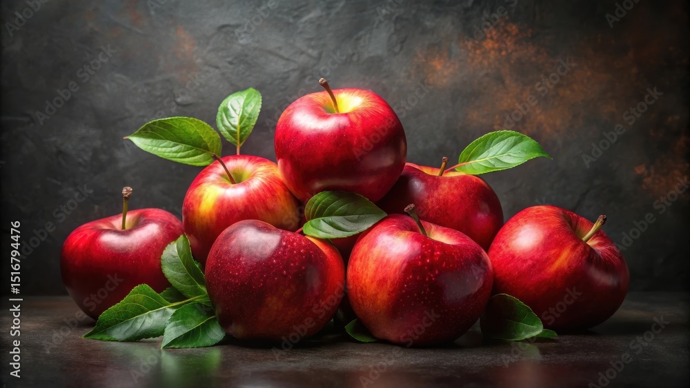 Poster a cluster of ripe red apples with lush green leaves on a dark background