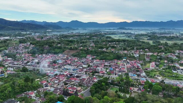 Aerial view of Bung Hatta Library is a public library in Bukittinggi, honoring Mohammad Hatta. It blends Minangkabau design and supports reading and cultural events.