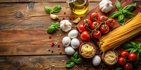 Rustic Wooden Tabletop Featuring Fresh Pasta, Cherry Tomatoes, Basil, Garlic, Eggs, and Olive Oil for a Delicious Meal