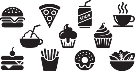 Flat Vector Fast Food Icons Set on  Background Delicious Meals and Treats for Quick Bites and Casual Dining