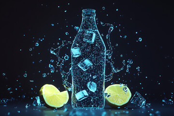 Glowing wireframe of a bottle filled with ice cubes and lemon slices, on a transparent background, enhanced with blue and black data points for a tech-inspired visual effect.

