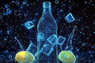 Glowing wireframe of a bottle filled with ice cubes and lemon slices, on a transparent background, enhanced with blue and black data points for a tech-inspired visual effect.

