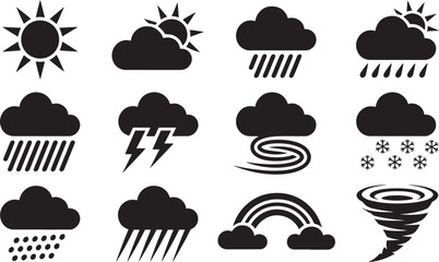 Flat Vector Icons of Weather Conditions on Background: Sun, Clouds, Rain, Lightning, Snow, Rainbow, Tornado