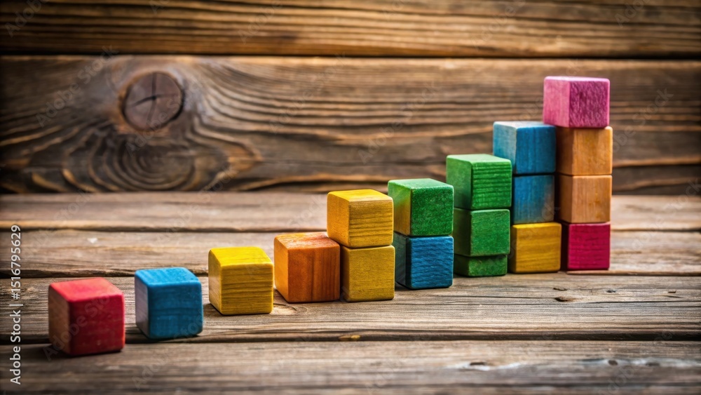 Poster colorful wooden blocks ascending in a stair-step pattern on rustic wooden surface