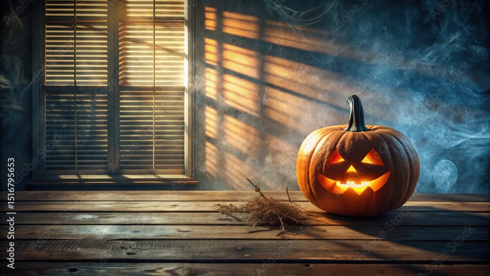Poster illuminated jack-o'-lantern on rustic wooden surface near sunlit window with mysterious smoky atmosp