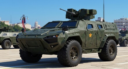Fototapeta premium Military vehicle displayed during a defense exhibition in an urban setting