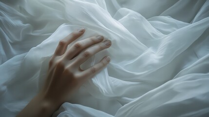 A close-up of pale hands gripping white sheets while ethereal wisps of life moments drift into shadowy corners