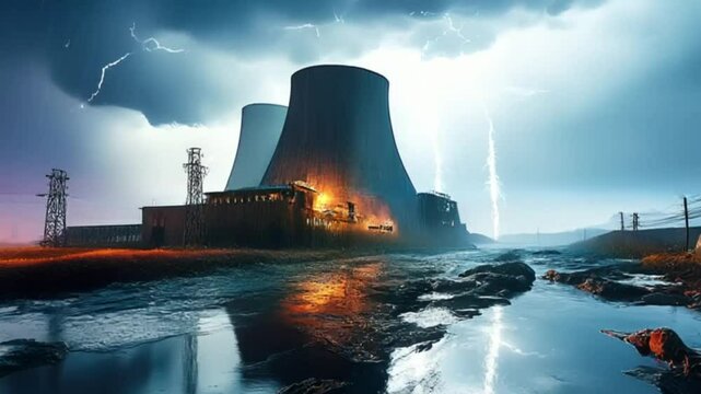 Ein Atomkraftwerk w&auml;hrend eines heftigen Gewitters