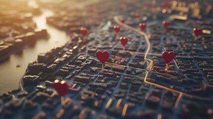 A contemporary header with a map view dotted by heart pins indicating user locations