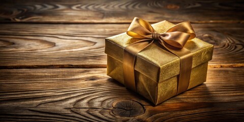 A Golden Gift Box with a Luxurious Ribbon Rests on a Rustic Wooden Surface