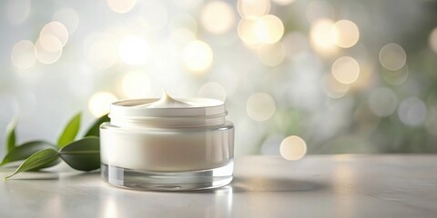 Luxurious facial cream jar on a pristine surface, showcasing its rich texture against a soft, blurred background of gentle light and lush greenery