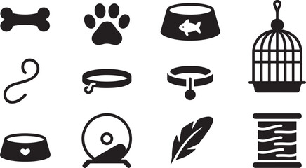 Outline Pet Icons Set Vector Illustration. Bone, Paw, Bowl, Cage, Leash, Collar, Feather, Thread, and More