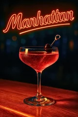 Classic Manhattan Cocktail with Cherry Garnish and Neon Sign