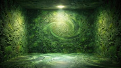 Enigmatic Green Chamber with Swirling Moss Texture and Subtle Illumination