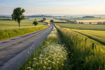 Country Road Cutting Through Vast Green Fields at Sunrise