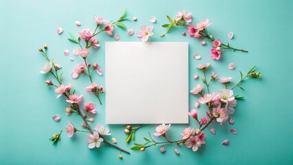 Blank Paper Card Surrounded by Delicate Pink Blossoms and Petals on a Pastel Green Background