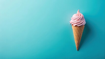 A Single Pink Frozen Dairy Treat in a Waffle Cone on a Teal Background