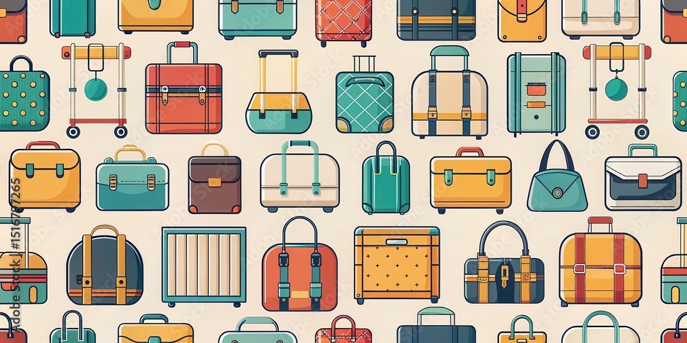 Poster a colorful collection of various travel bags and suitcases in a seamless pattern design for apparel,