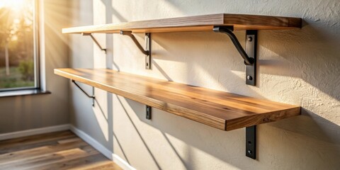 Sunlight illuminates a pair of sleek, modern wooden shelves mounted on a textured wall, showcasing natural wood grain and minimalist black metal brackets.