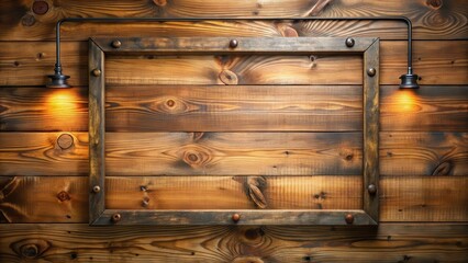 Rustic Wooden Frame with Illuminated Wall Sconces, Perfect for Vintage or Western Themed Designs