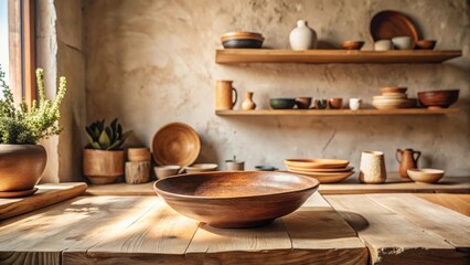 Rustic wooden bowl on a sunlit table amongst earthenware and pottery displayed on wooden shelves