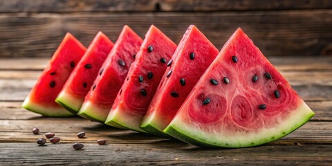 Sliced watermelon pieces arranged on rustic wooden surface, displaying vibrant red flesh and black seeds