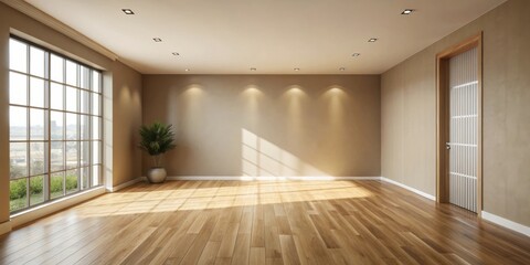 Sunlit Empty Room with Hardwood Floor and Large Window, Ready for Interior Design
