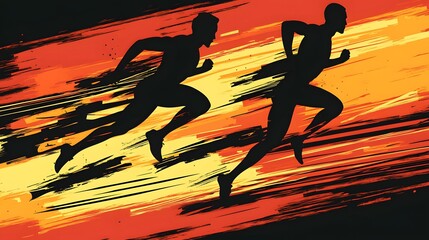 Two runners in motion against a dynamic background.