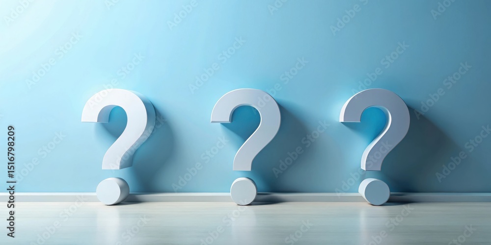 Poster three dimensional question marks against a pale blue wall representing uncertainty and inquiry