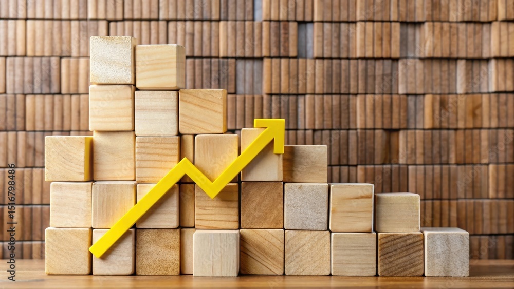 Poster Wooden Blocks Forming Ascending Graph with Yellow Arrow Indicating Growth and Progress